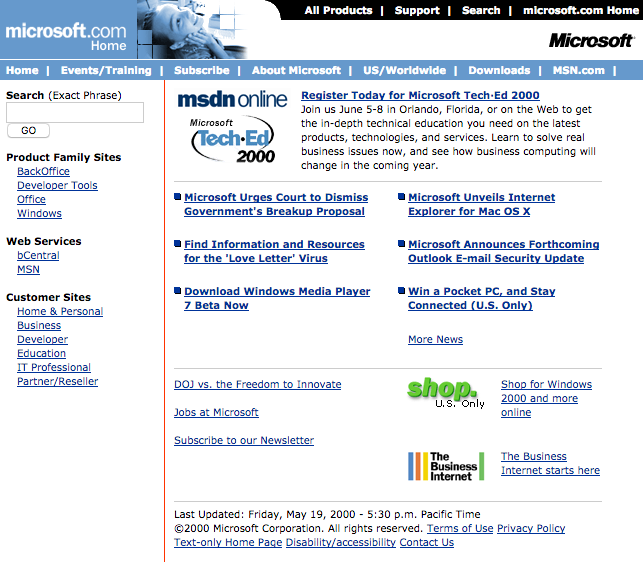 Homepage with commentary on antitrust appeal and Love Letter virus (2000)